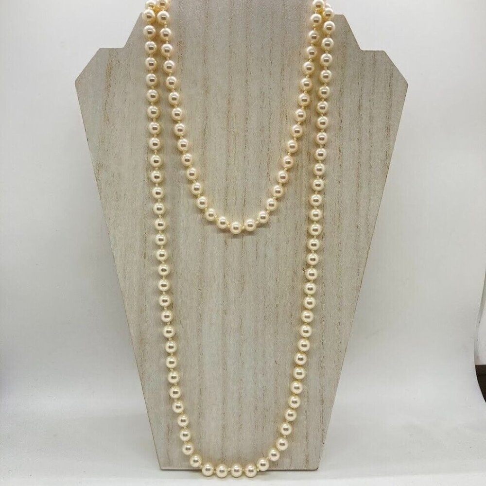 Bead 17" Necklace Handβ Knotted Simulated Pearl Double Strand Luster White